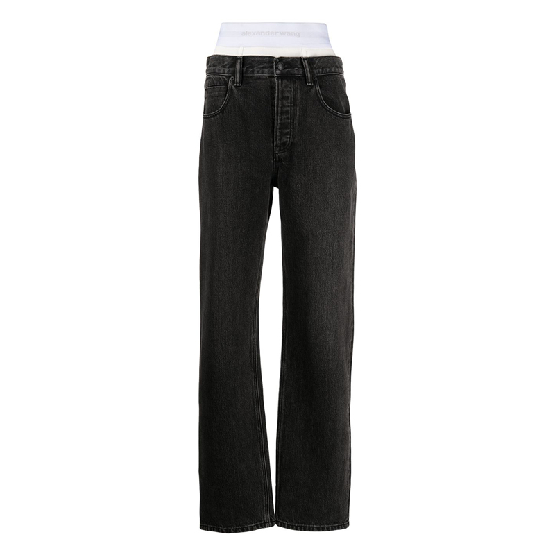 2022 spring new stitching washed denim trousers big-name women's fashion high waist slim letter embroidery stretch casual pants